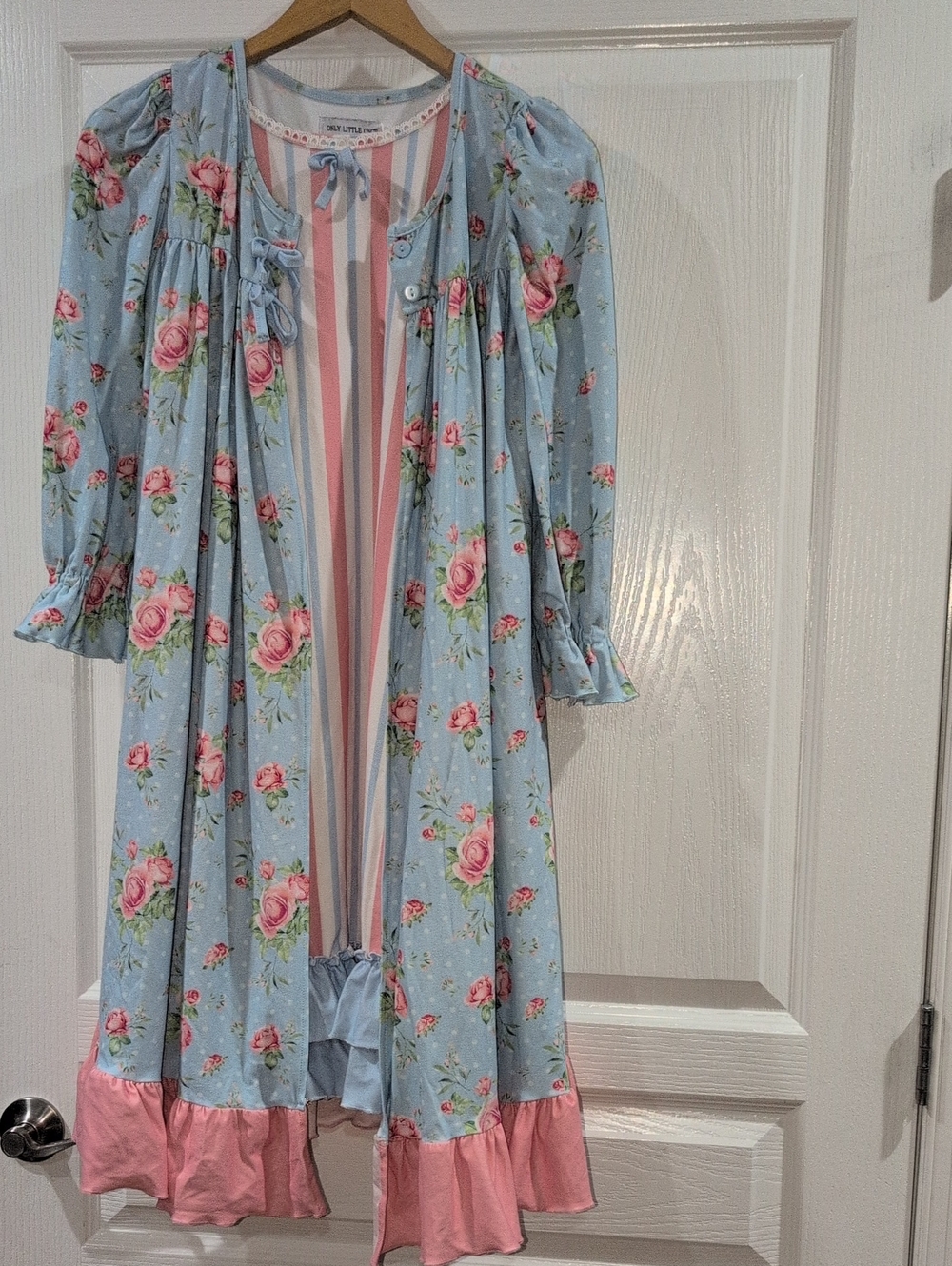 Floral Ruffle Kids Nightgown Morning Robe Set - Light Blue & Coral Pink